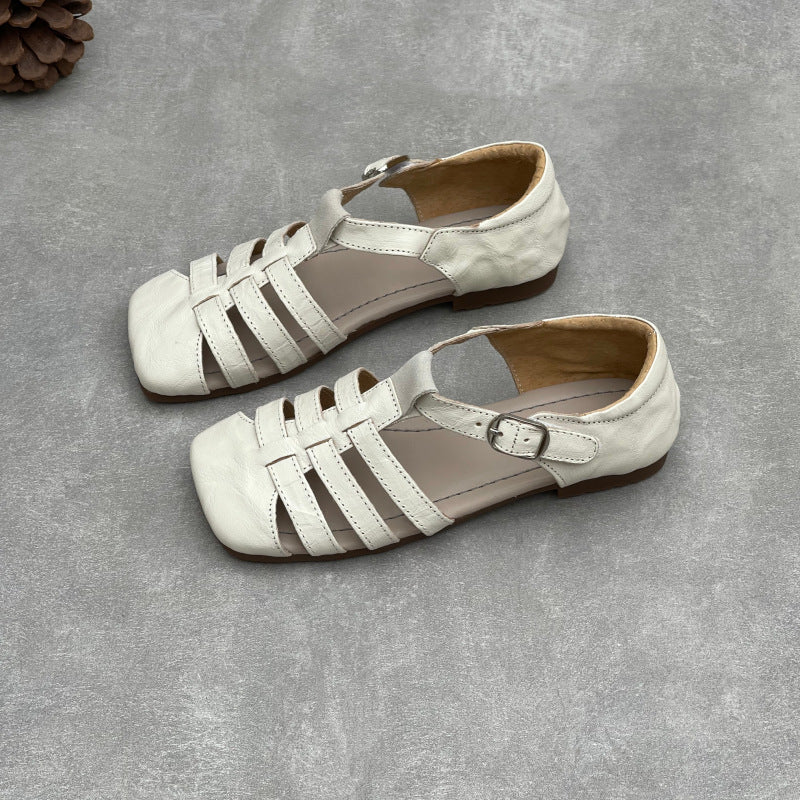Women's Genuine Leather T-Strap Mary Jane Sandals Retro Square Toe Flats