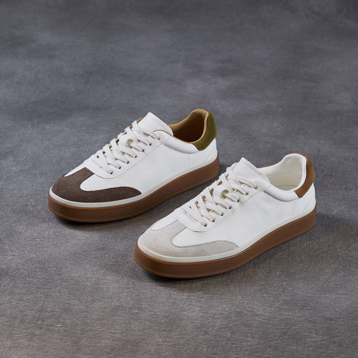 Womens Retro Cowhide Suede Patchwork Sneakers Vintage Round Toe Gum Sole Lace-up Flats