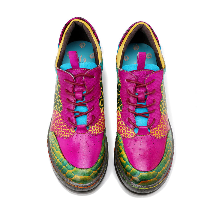 Dopamine Style Vibrant Leather Flats for Women - Artsy Geometric Print Lace-up Casual Shoes