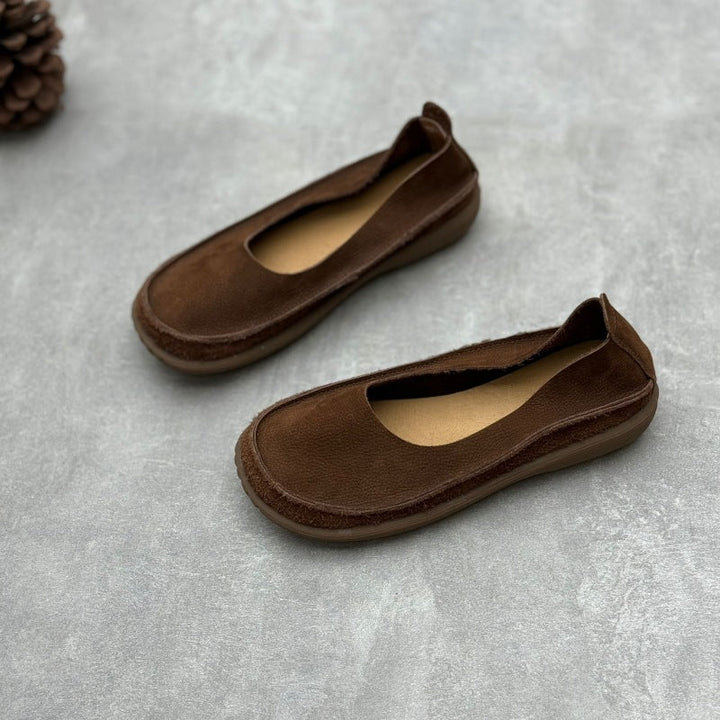 Women’s Minimalist Handmade Leather Slip-On Flats – Round Toe Casual Shoes