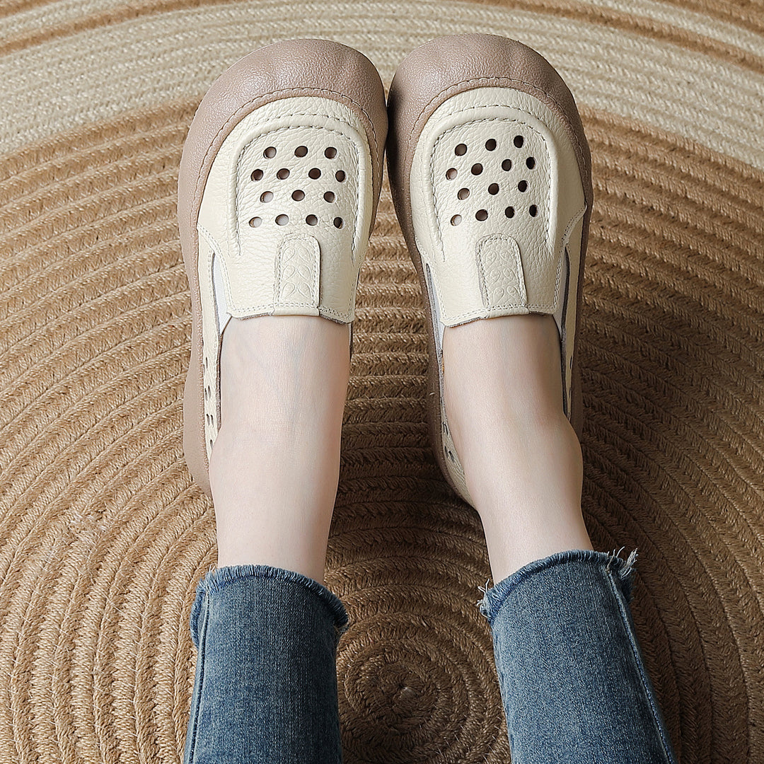 Women's Flats Vintage Hollow-Out Walking Shoes Leather Summer Loafers Retro Slip-On Platform Shoes