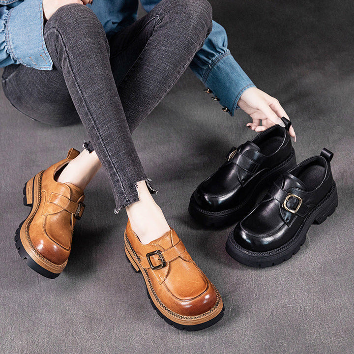 British Style Women's Chunky Loafers - Leather Oxford Shoes with Adjustable Velcro Strap