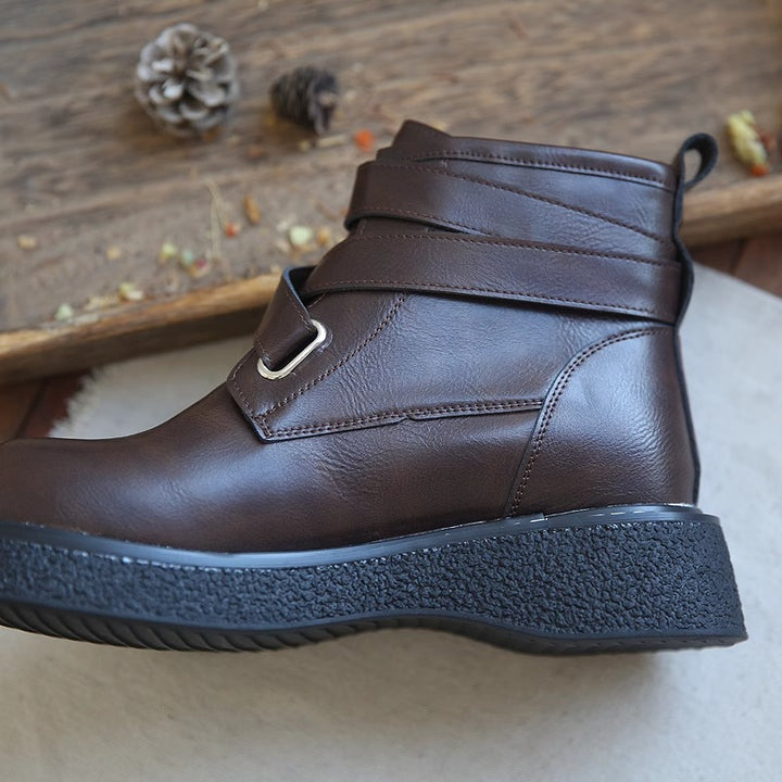 Women's Leather Boots Wide Toe Box Retro Cross-strap Platform Shoes