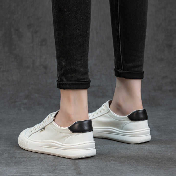 Women's Leather Low Top Sneakers Round Toe Lace Up Platform Canvas Style Shoes