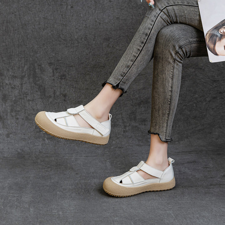 Womens Retro Woven Leather Fisherman Sandals Velcro Closed Toe Platform Walking Shoes