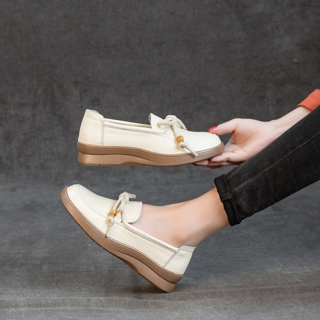 Women's Genuine Leather Loafers Beaded Knot Round Toe Slip On Platform Shoes