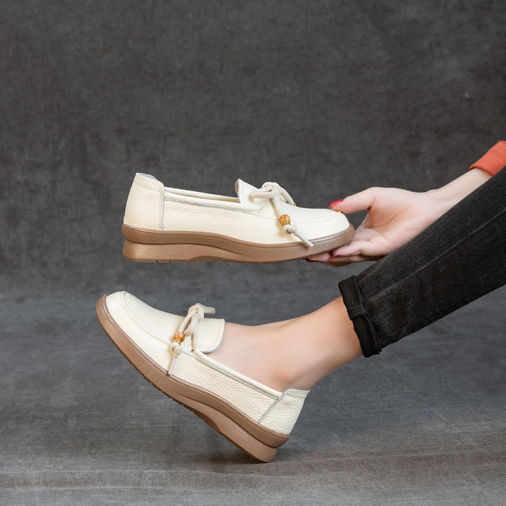 Women's Genuine Leather Loafers Beaded Knot Round Toe Slip On Platform Shoes