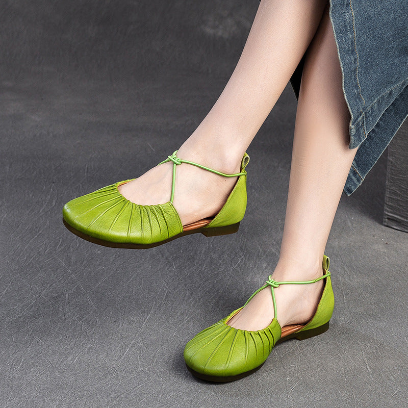 Women's Pleated Cowhide Flats - Summer Breathable Mary Janes - Elastic Cross-Strap