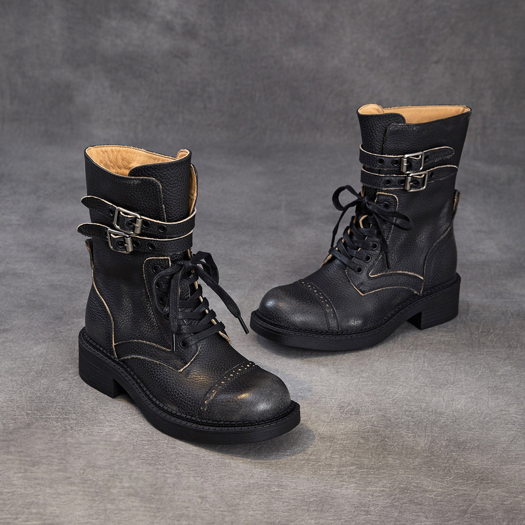 Women‘s Retro Cowhide Mid-Calf Boots Vintage Round Toe Buckle Lace-up Combat Boots