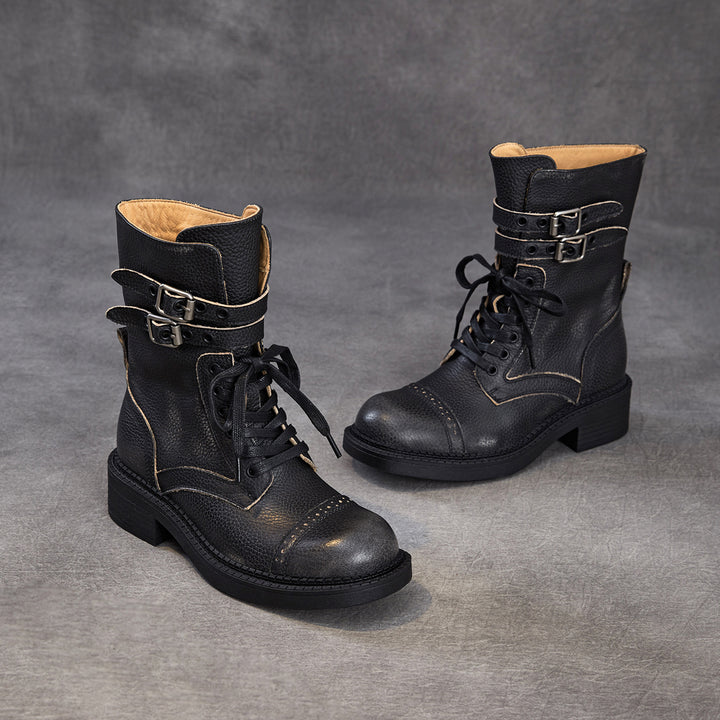 Women‘s Retro Cowhide Mid-Calf Boots Vintage Round Toe Buckle Lace-up Combat Boots