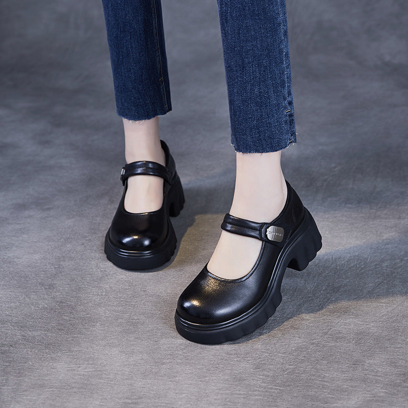 Luxury Leather Mary Janes for Women - Platform Heel with Velcro