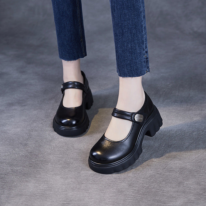 Luxury Leather Mary Janes for Women - Platform Heel with Velcro