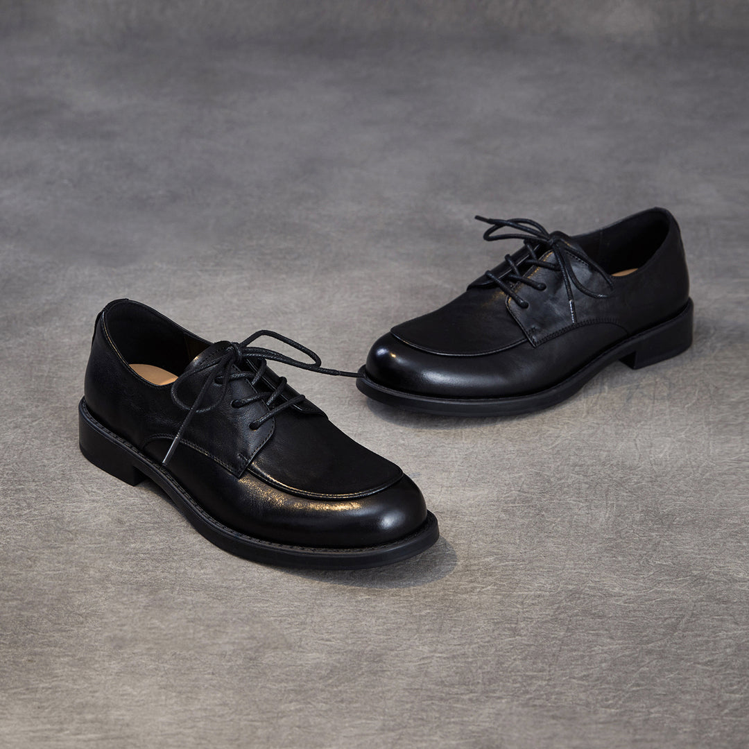 Women's Genuine Leather Oxford Shoes Retro Lace-up Round Toe Low Heel Derby Flats