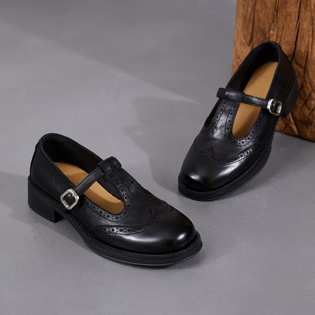 Women's Brogue T-Strap Mary Janes - Unlined Cowhide Leather - Block Heel