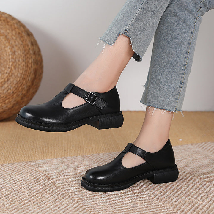 T-Buckle Wide Toe Box Leather Comfortable Low Heel Women's Shoes