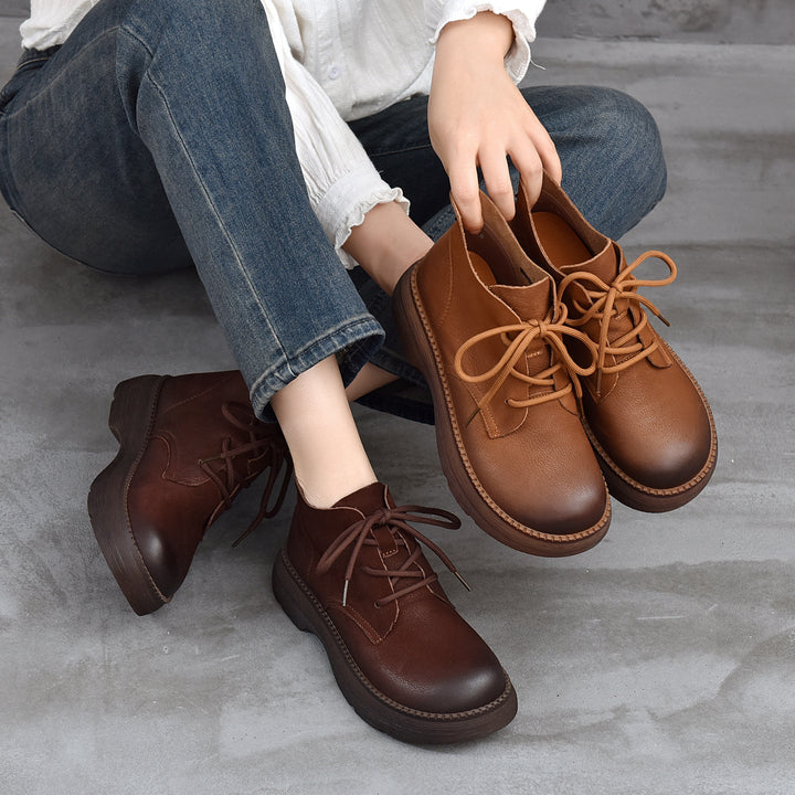 Women's Leather Platform High-Top Shoes – Round Toe Lace-Up Casual Style