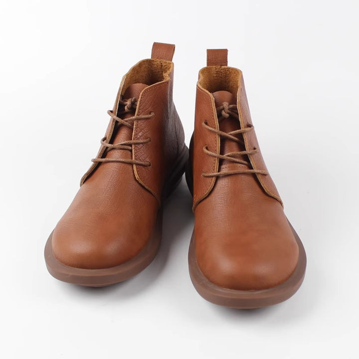 Womens Head Layer Cowhide Retro Short Boots Soft Sole Lace Up British Style Shoes