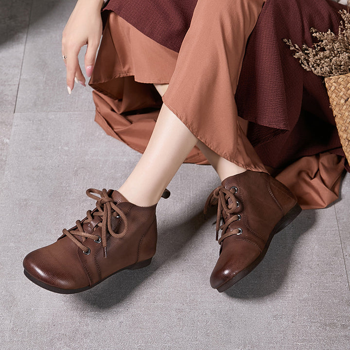 Vintage Women's Leather Lace-Up Ankle Boots – Casual Everyday Shoes