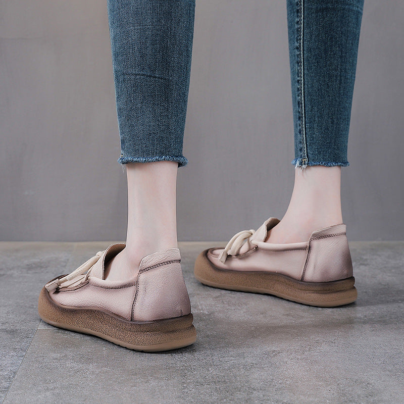 Women's Suede Leather Casual Loafers - Thick Platform Muffin Sole Comfort Walking Shoes with Bow Tie