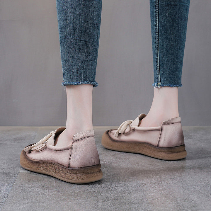 Women's Suede Leather Casual Loafers - Thick Platform Muffin Sole Comfort Walking Shoes with Bow Tie
