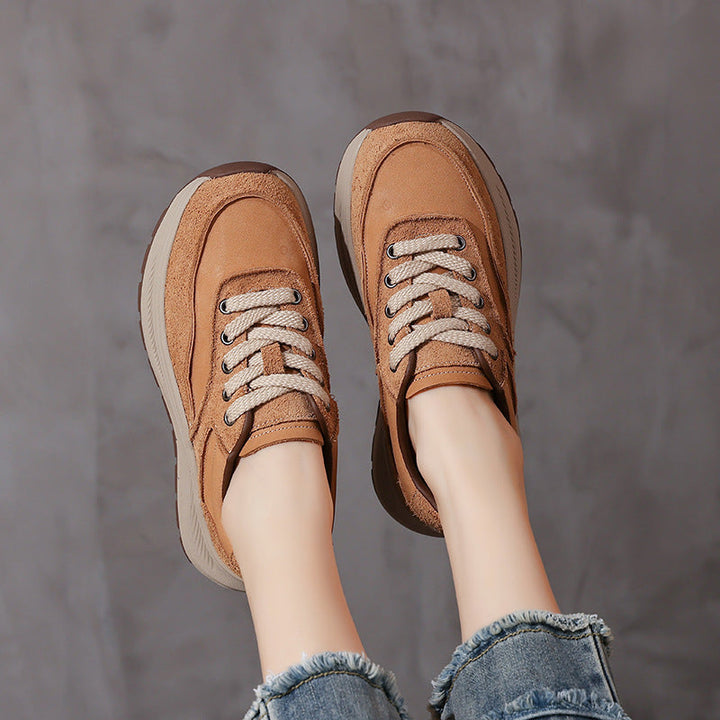 Women's Non-Slip Leather Platform Sneakers – Retro Chunky Sole Design