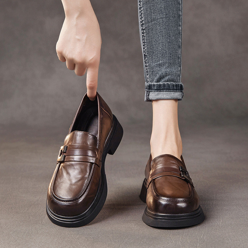 Women's Leather Platform Loafers with Chunky Heels and Metal Buckles — Comfortable