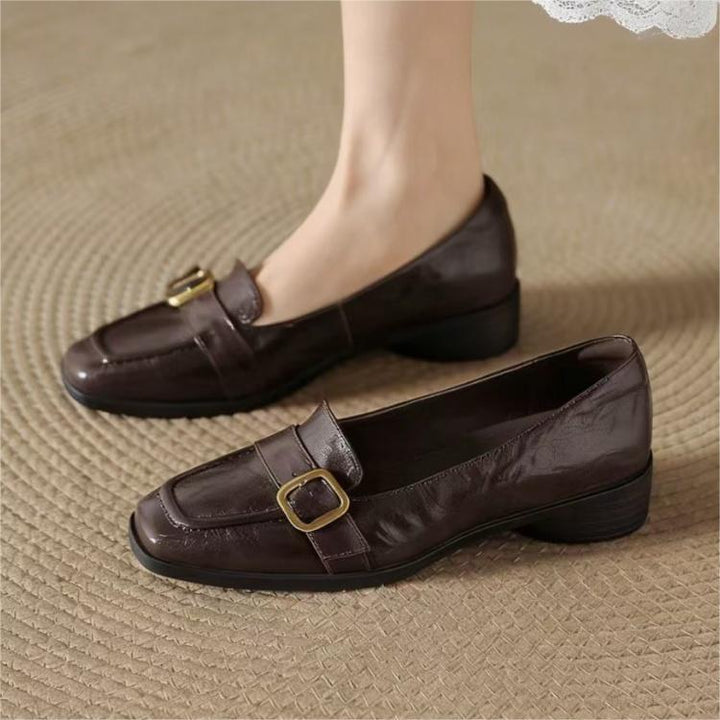 Women's Lambskin Square-Toe Slip-On Loafers with Metal Buckle — Office Shoes
