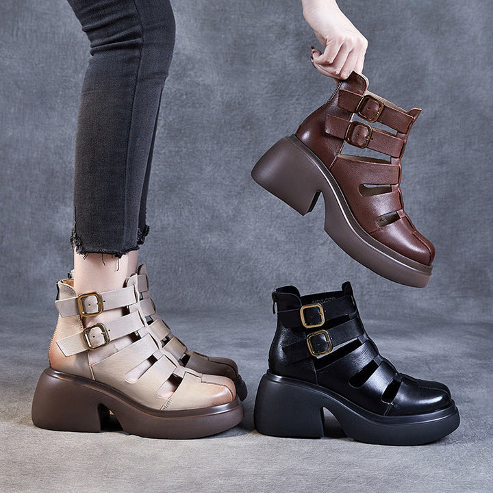 Avant-Garde Burnished Leather Summer Lightweight Sandals for Women - Chunky Platform Cut-out Boots