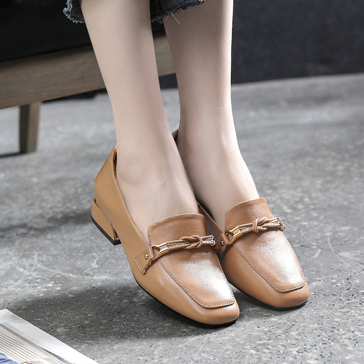 Women's Leather Loafers - Vintage Square Toe Dress Shoes, Comfort Block Heel Pumps