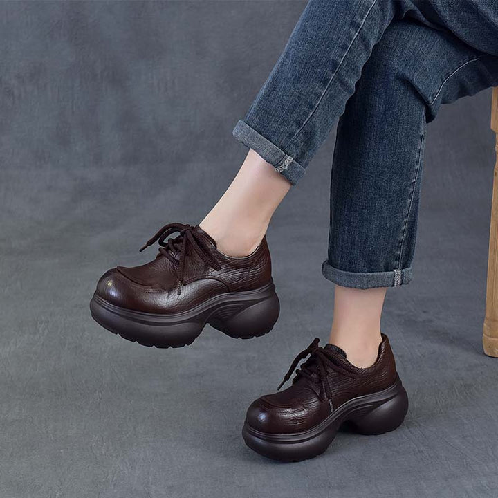 Women's Chunky Platform Oxford Shoes Top-Grain Leather Lace Up Wedge Loafers