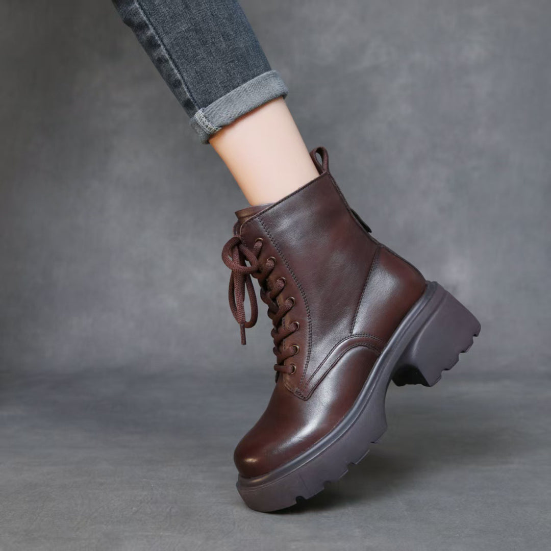 Women's Top-Grain Leather Ankle Boots Chunky Platform Block Heel Combat Booties