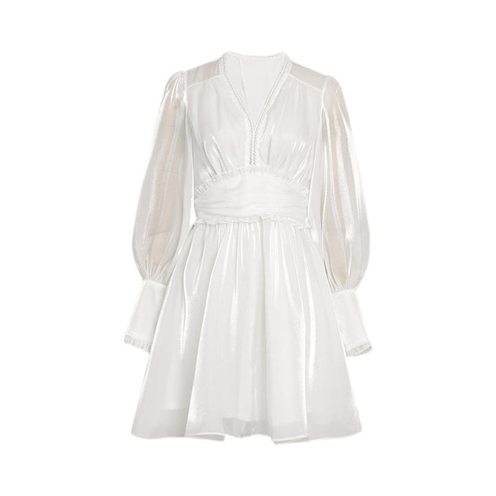 White V-neck Lantern Sleeve High Waist A-line Dress