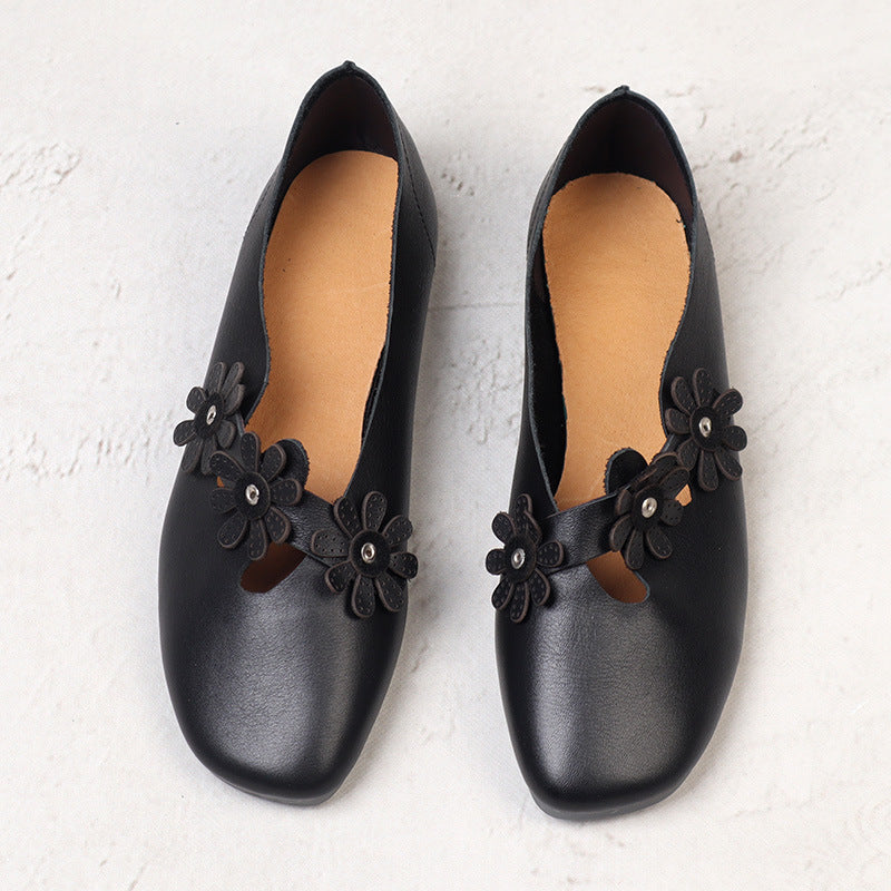 Chic Women's Soft Leather Flats – Artistic Floral Decorative Shoes