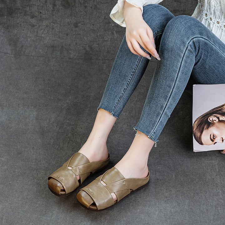 Women's Crisscross Woven Leather Mules Vintage Cutout Platform Slippers Barefoot-Friendly