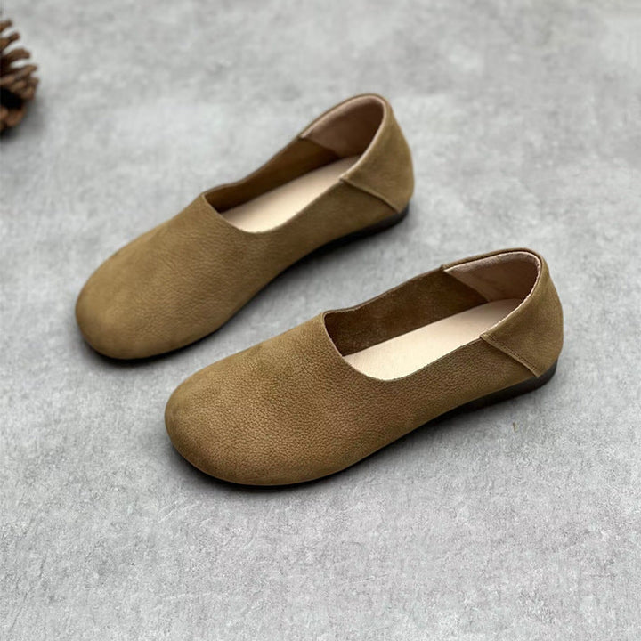 Women’s Minimalist Vintage Handmade Leather Flats – Retro Round Toe Slip-On Shoes