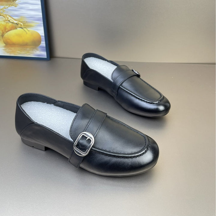 Women's Leather Casual Loafers - Soft Step-Down Back Flat Moccasins with Metal Buckle
