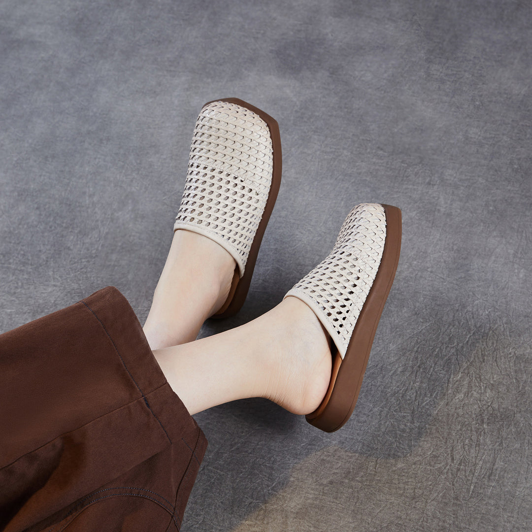 Women's Square Toe Woven Mules Genuine Leather Platform Slippers Barefoot-Friendly