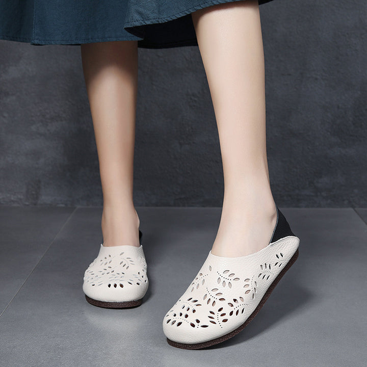 Women's Leather Loafers - Cut-Out Leaf Perforated Flat Sandals Casual Slip-On Summer Shoes