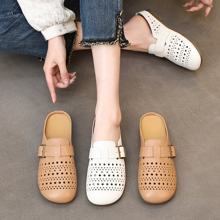 Women's Genuine Leather Buckle Mules Round Toe Backless Slip On Slides