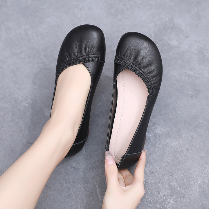 Women's Leather Ballet Flats - Vintage Ruched Slip-on Round Toe Comfort Low Heel Pumps