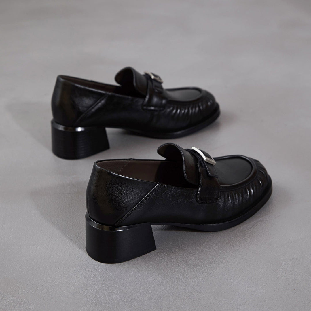 Women's Sheepskin Loafers - Ruched Leather Buckle Block Heel