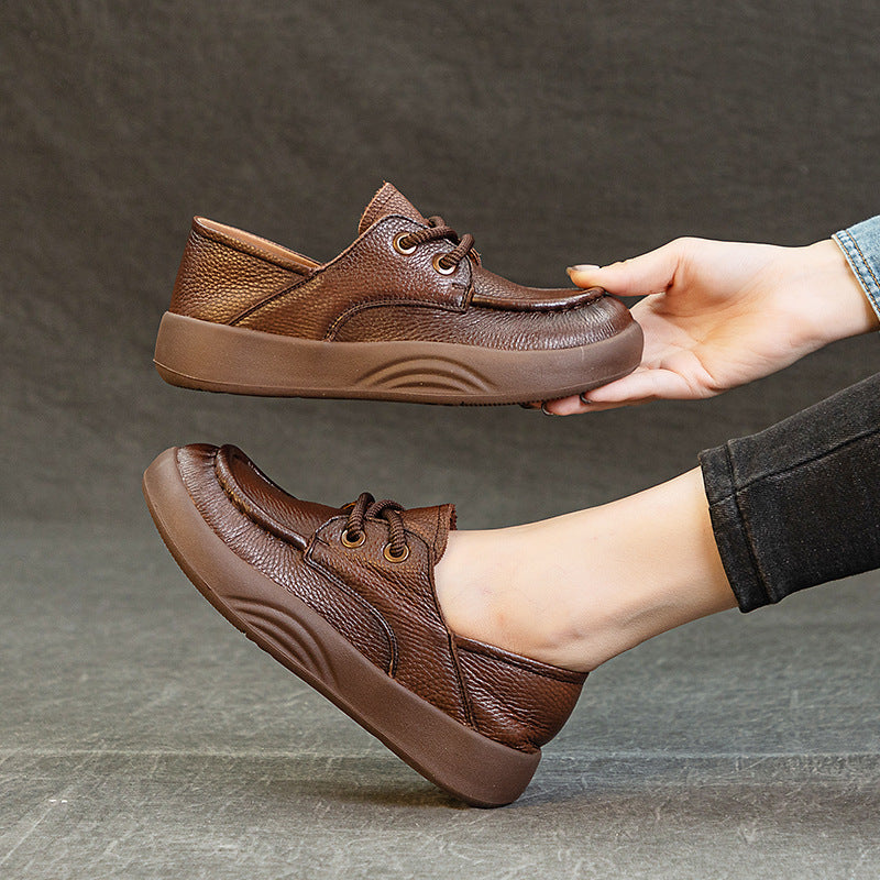 Women’s Handmade Leather Lace-Up Flats – Retro Soft Sole Casual Shoes