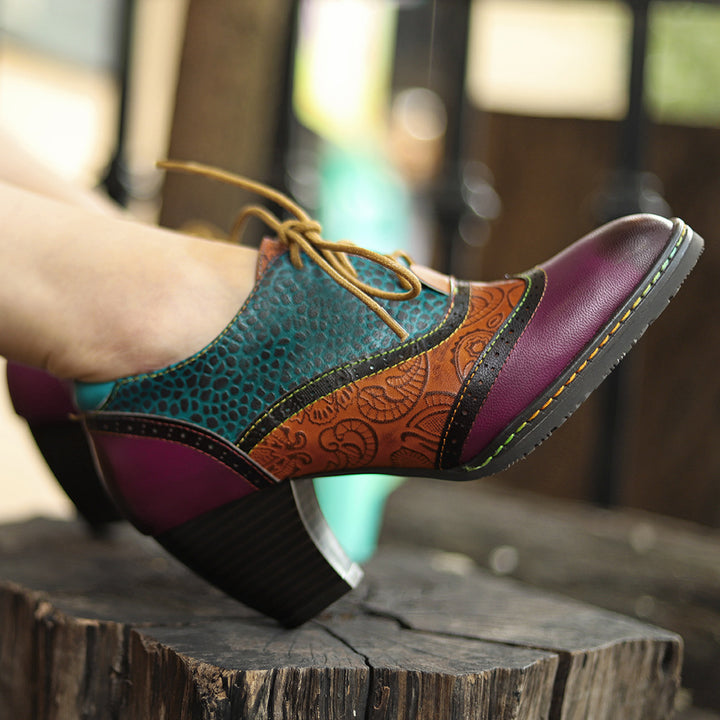 Women's Vintage Patchwork Sheepskin Oxford Pumps Square Toe Lace Up Chunky Heel Shoes