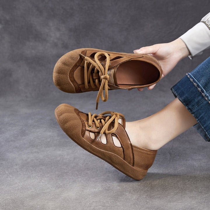 Women's Chunky Leather Cutout Summer Oxford Sandals Barefoot-Friendly Perforated Walking Shoes
