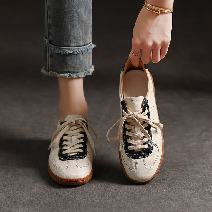 Women's Genuine Leather German Army Trainer Sneakers Retro Low Top Flat Shoes