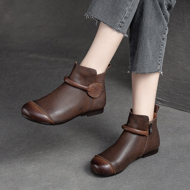 Women's Retro Leather Ankle Boots Vintage Round Toe Velcro Short Booties