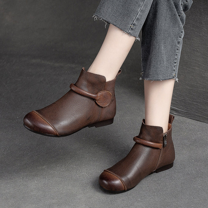 Women's Retro Leather Ankle Boots Vintage Round Toe Velcro Short Booties