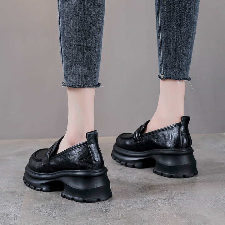 Women's Chunky Lug-Sole Loafers - Leather Elevated Platforms - Ultra-Lightweight Slip-Ons