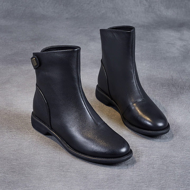Women's Genuine Leather Short Boots – Minimalist Design with Zipper Closure