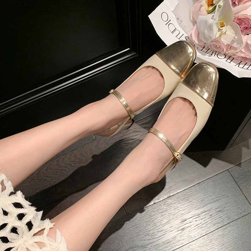 Women's Elegant French Patchwork Slip On Closed Toe Mid Heel Sandals